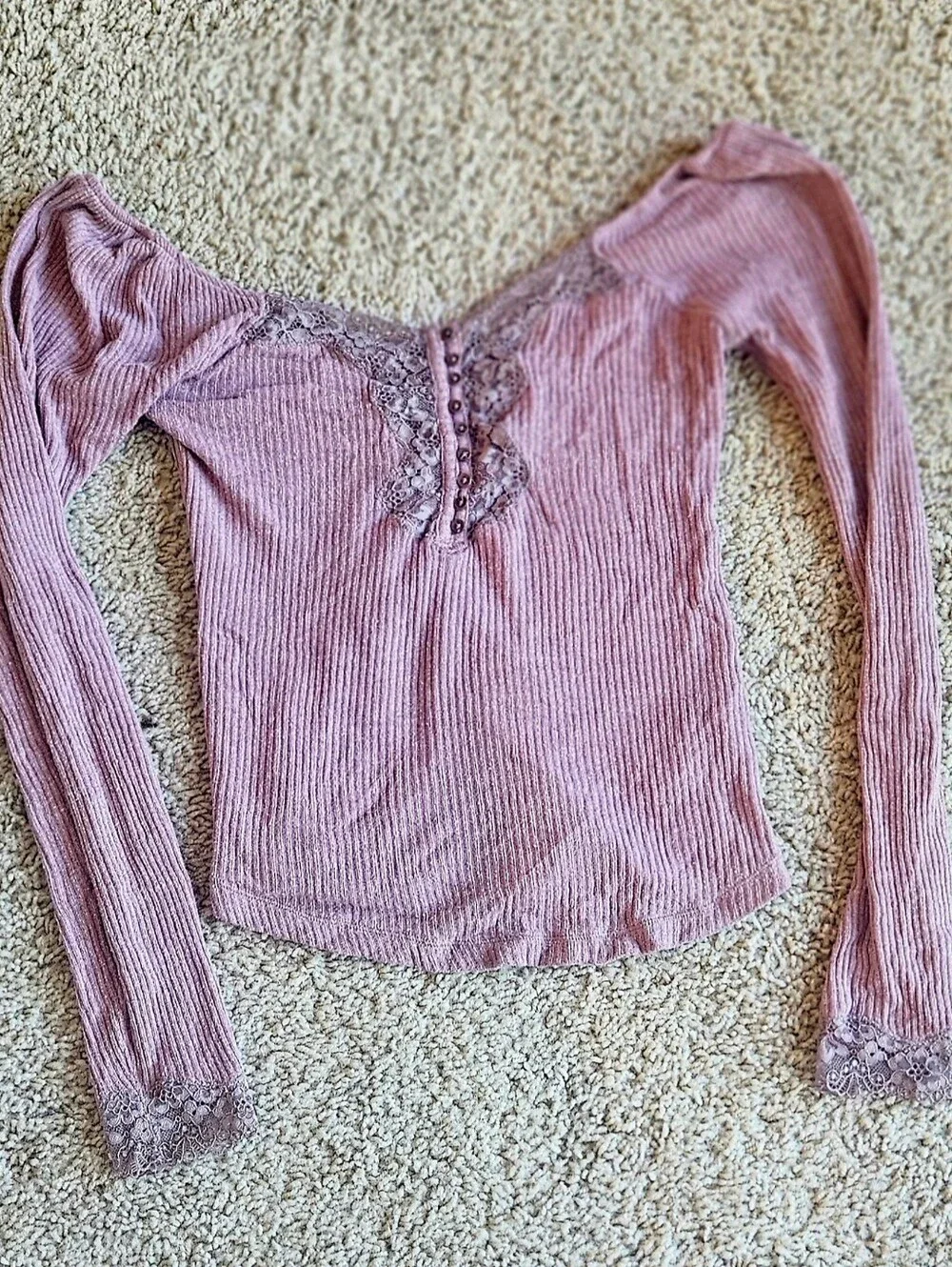 Free People Lace Trim Ribbed Long Sleeve Top - Mauve